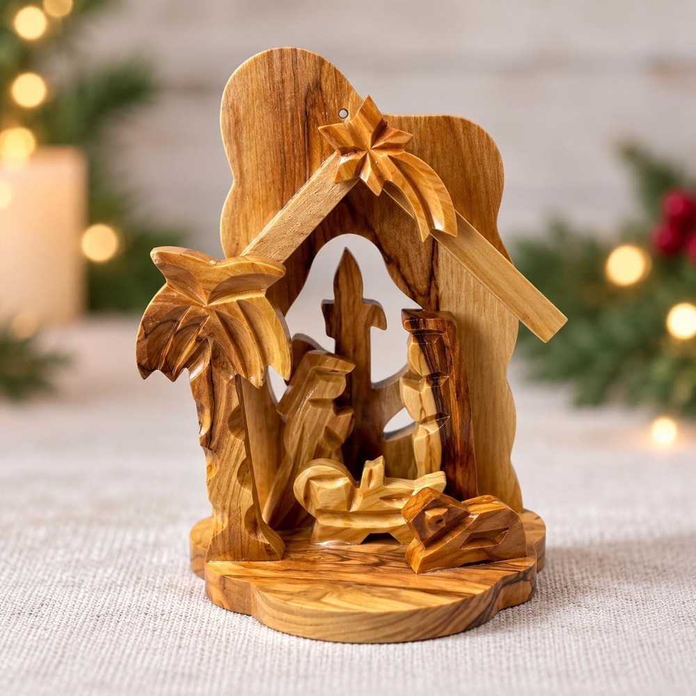 Vintage Hand Carved Olive Wood Nativity Scene Holy Family Christmas Manger